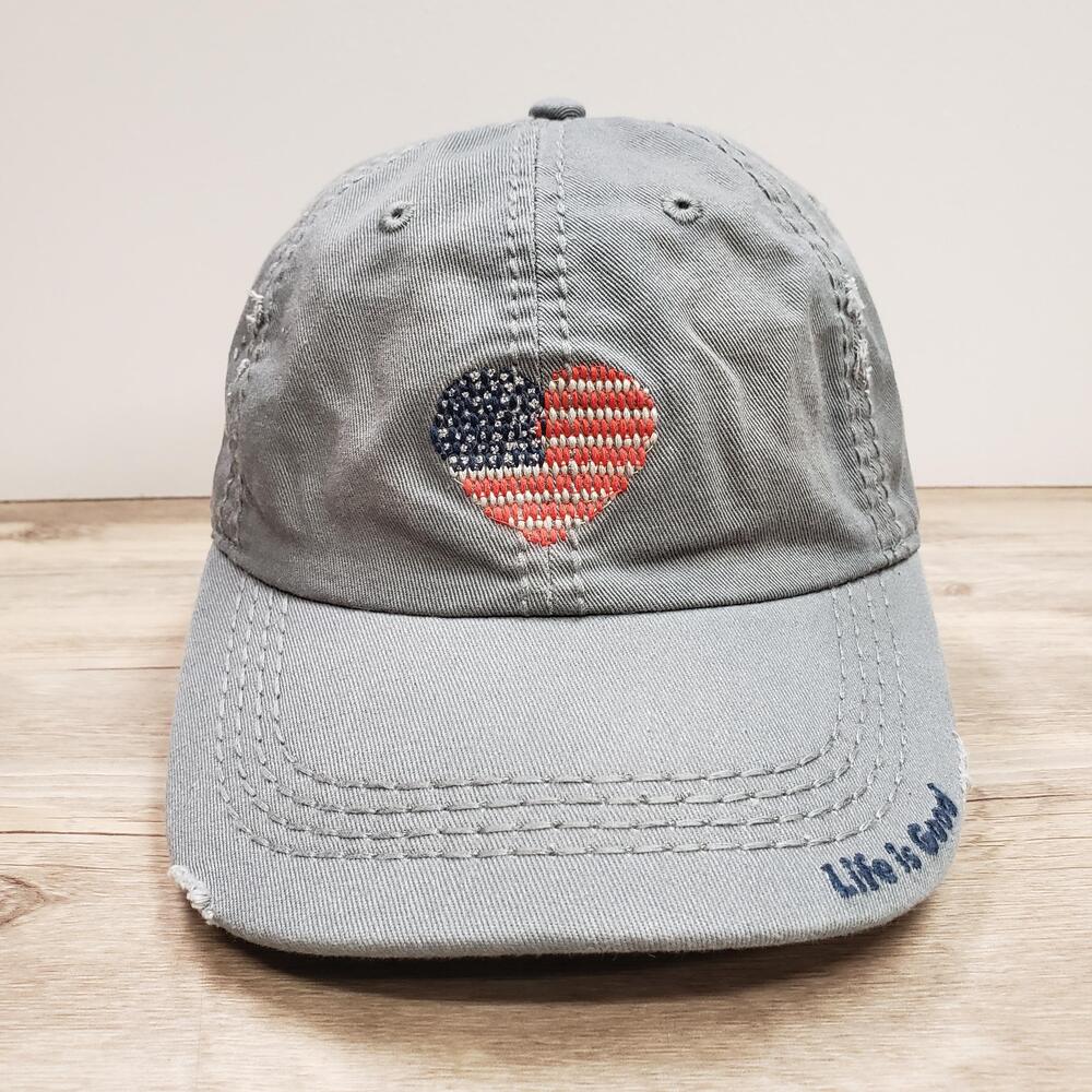 Life Is Good Heart Flag Baseball Hat Cap Gray Cotton Strap Back Womens Adj